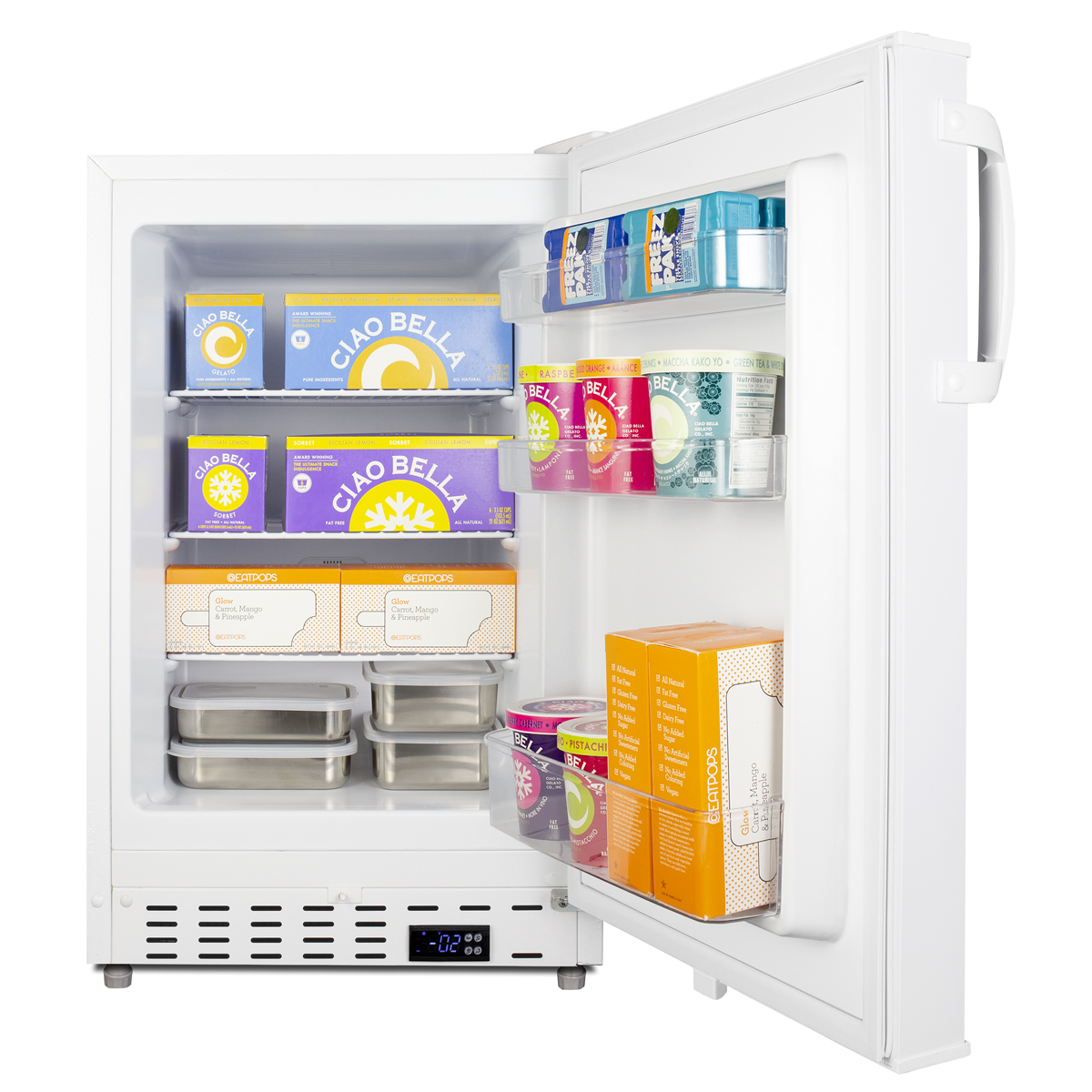 Built-in undercounter ADA compliant residential all-freezer in white with door storage and manual defrost operation